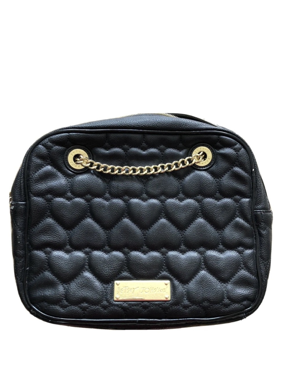 Betsey Johnson Black Quilted Heart Crossbody with Gold Chain Accent